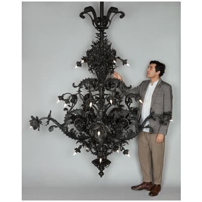 Large wrought iron chandelier from the end of the 19th or beginning of the 20th century.