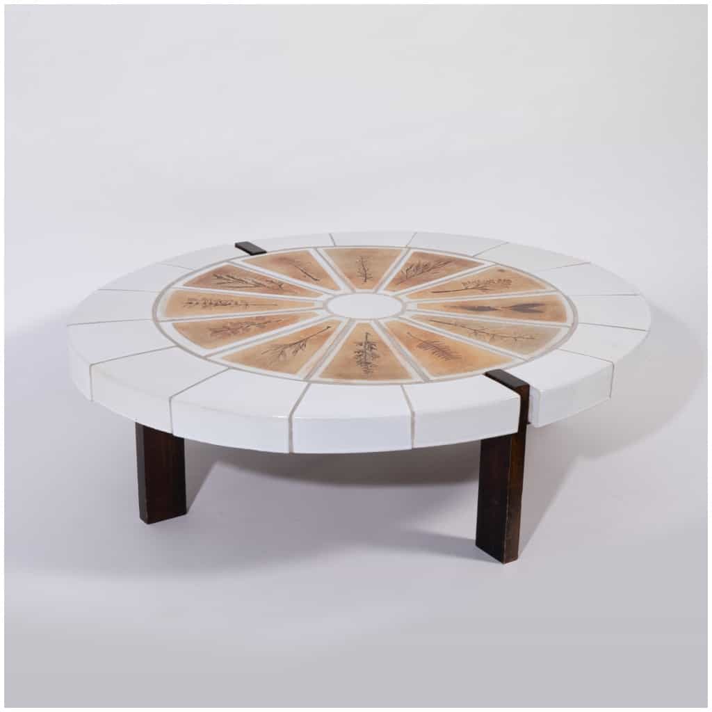 Roger Capron (1922-2006) and Vallauris, coffee table in faience tiles decorated with leaves, 4th century