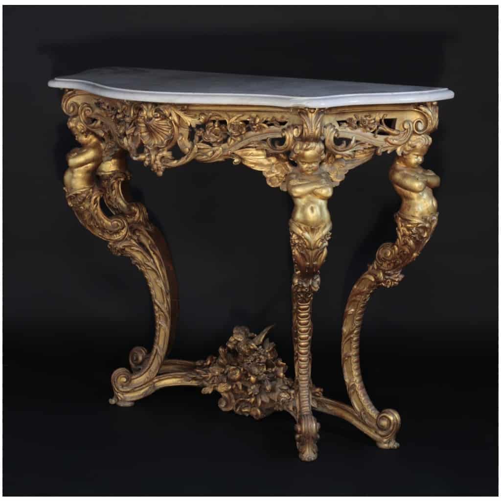 Console with Putti in carved and gilded oak, Carrara marble top, XIXe 4