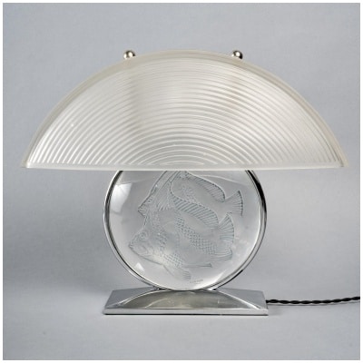 1931 René Lalique – Fish Lamp White Glass with Blue Patina – Nickel-plated Metal Frame