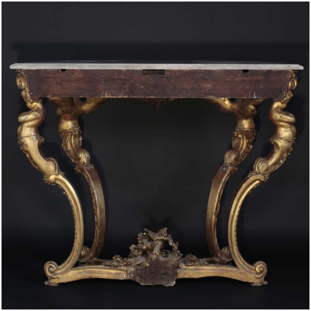 Console aux Putti en chêne sculpté et doré, plateau en marbre de carrare, XIXe 6