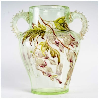 1890 Emile Gallé – Vase Cristallerie à Anses Verre Vert Clair Emaillé Fleurs Coeur De Marie