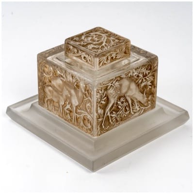 1912 René Lalique – Encrier Biches Verre Blanc Patiné Sépia