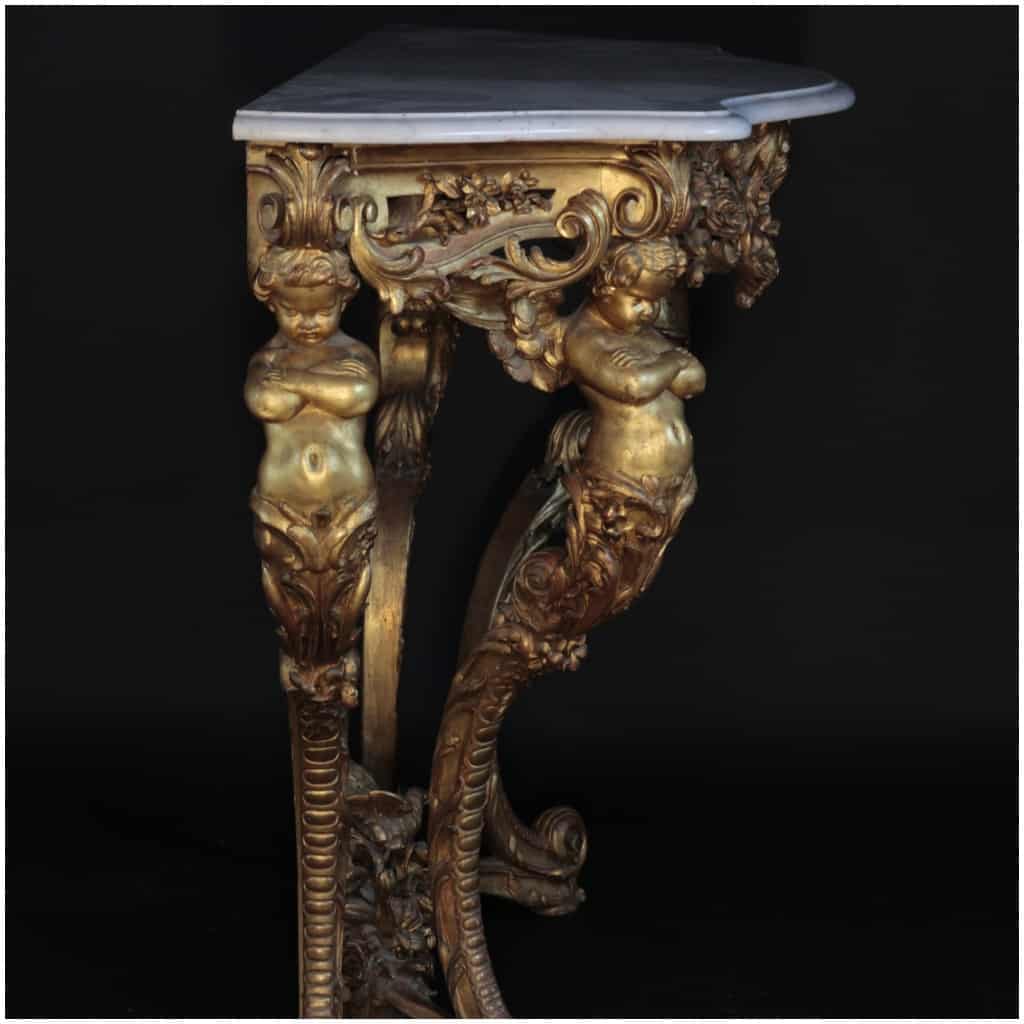 Console aux Putti en chêne sculpté et doré, plateau en marbre de carrare, XIXe 8