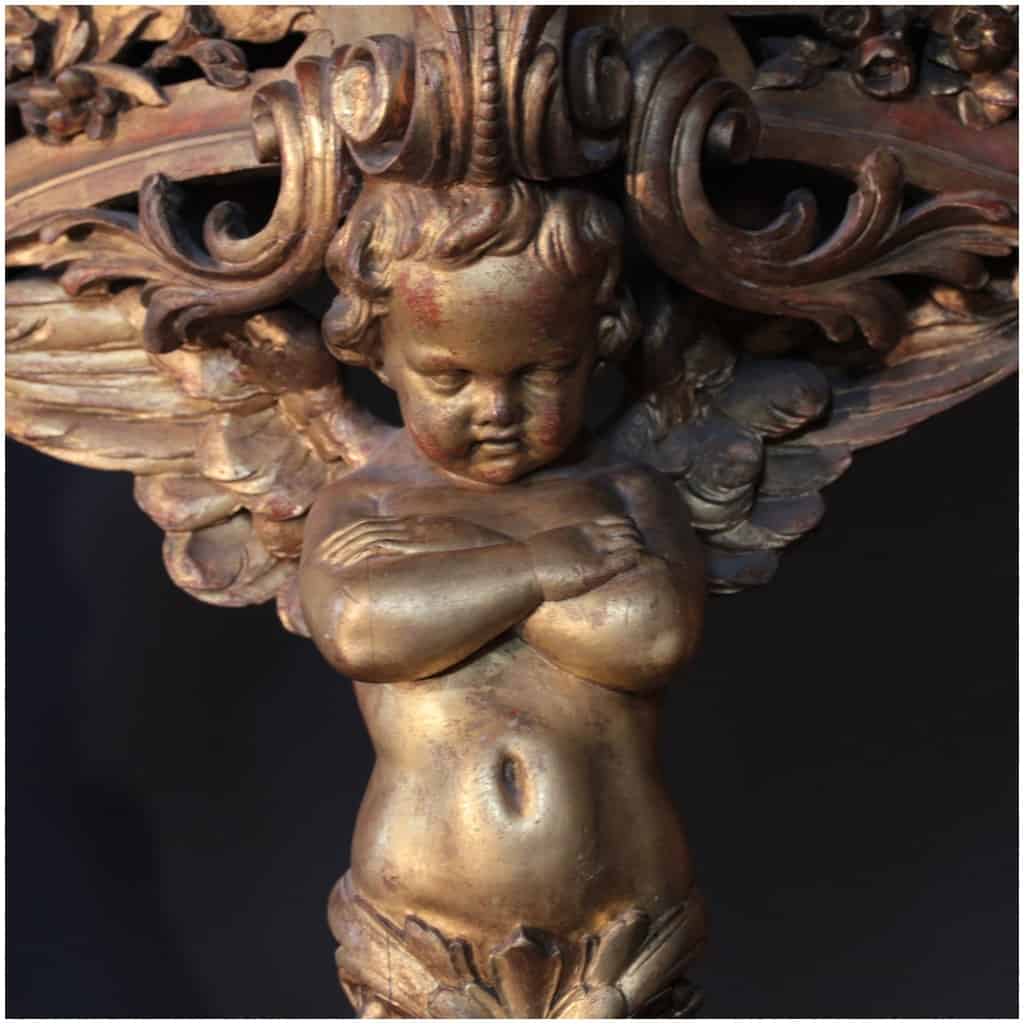 Console with Putti in carved and gilded oak, Carrara marble top, XIXe 10