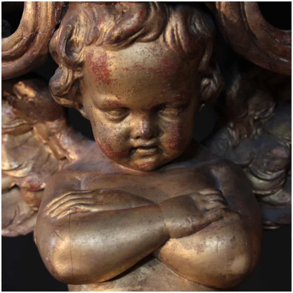 Console aux Putti en chêne sculpté et doré, plateau en marbre de carrare, XIXe 11