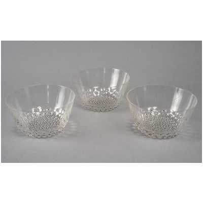 1934 René Lalique – Cup Bowls with Hands Cactus Black Enameled White Glass – 3 Pieces