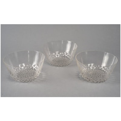 1934 René Lalique – Coupes Bols à Mains Cactus Verre Blanc Emaillé Noir – 3 Pièces