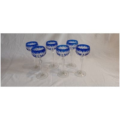 ensemble de 6 grands verres de couleur Roemer bleu cobalt Cristal de Lorraine(beau modèle, étiquettes d’origine)
