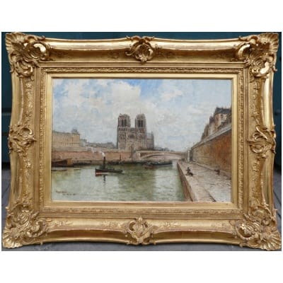 Frank Boggs American School 19th Paris Notre Dame La Seine Oil On Canvas Signed Dated Located