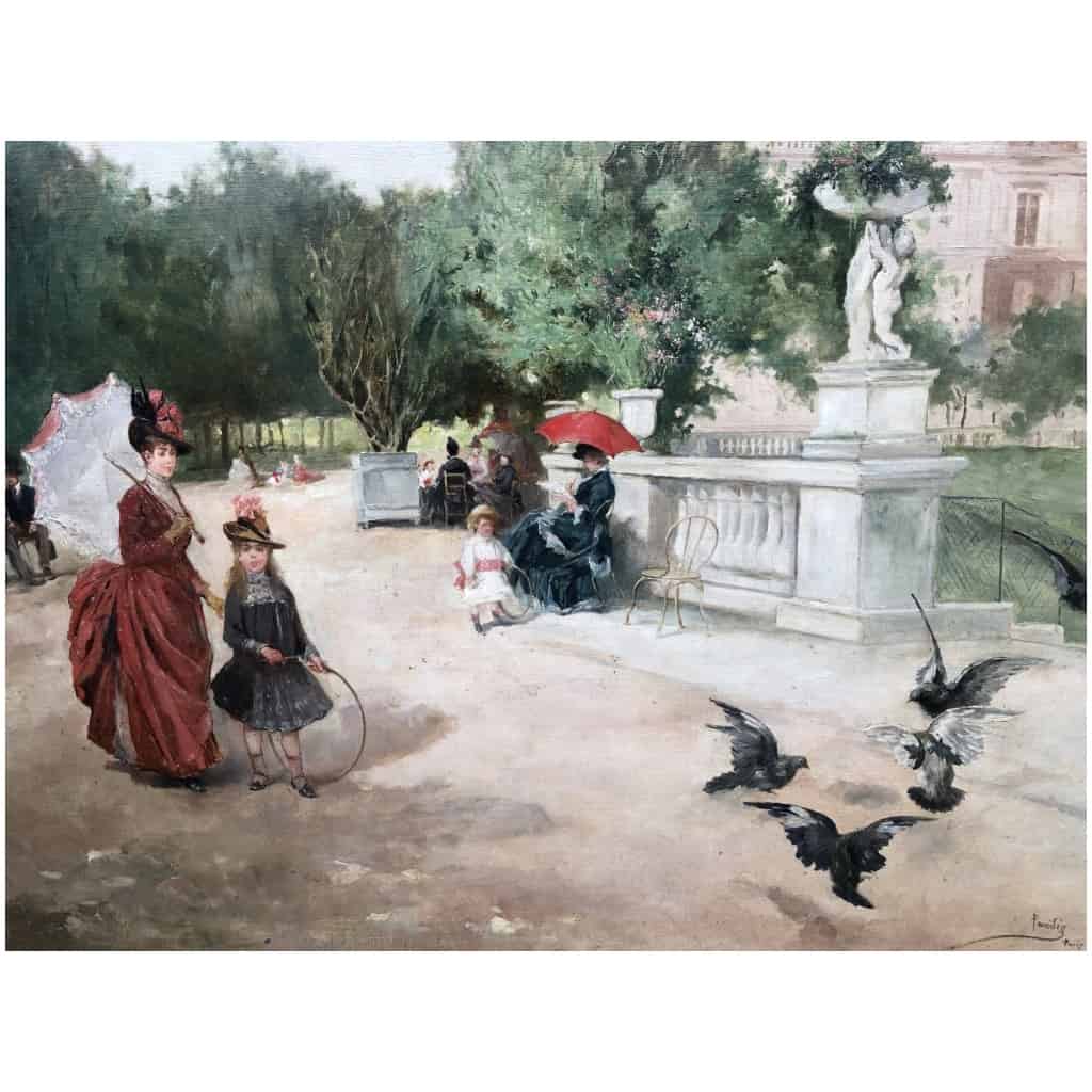 DE PAREDES Vincent Animation au jardin du Luxembourg Huile sur toile signée 6