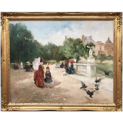 DE PAREDES Vincent Animation in the Luxembourg Garden Oil on canvas signed