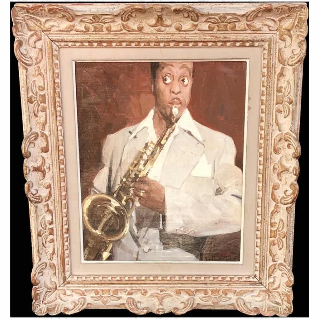 ZEYTLINE Léon Le saxophoniste de jazz Huile sur toile signée 7
