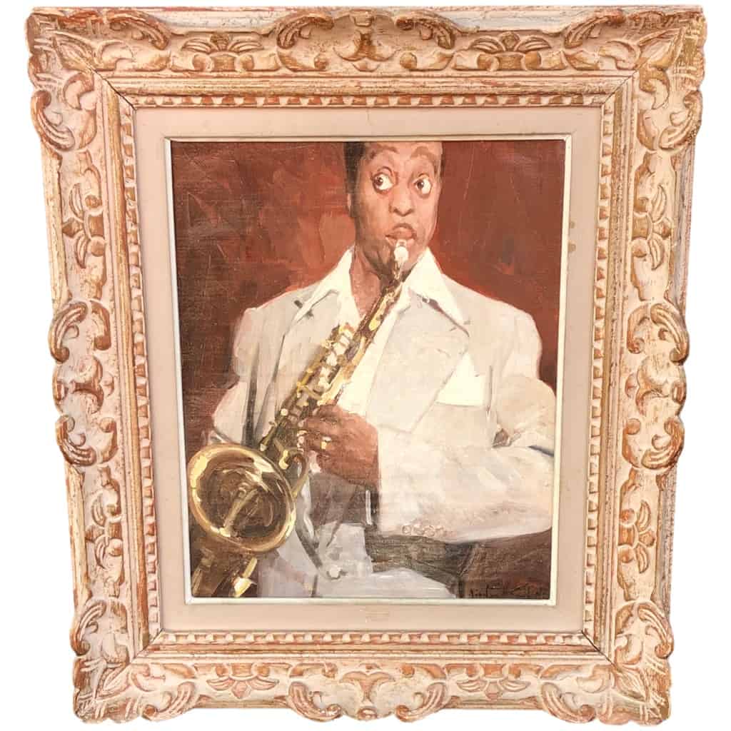 ZEYTLINE Léon Le saxophoniste de jazz Huile sur toile signée 6