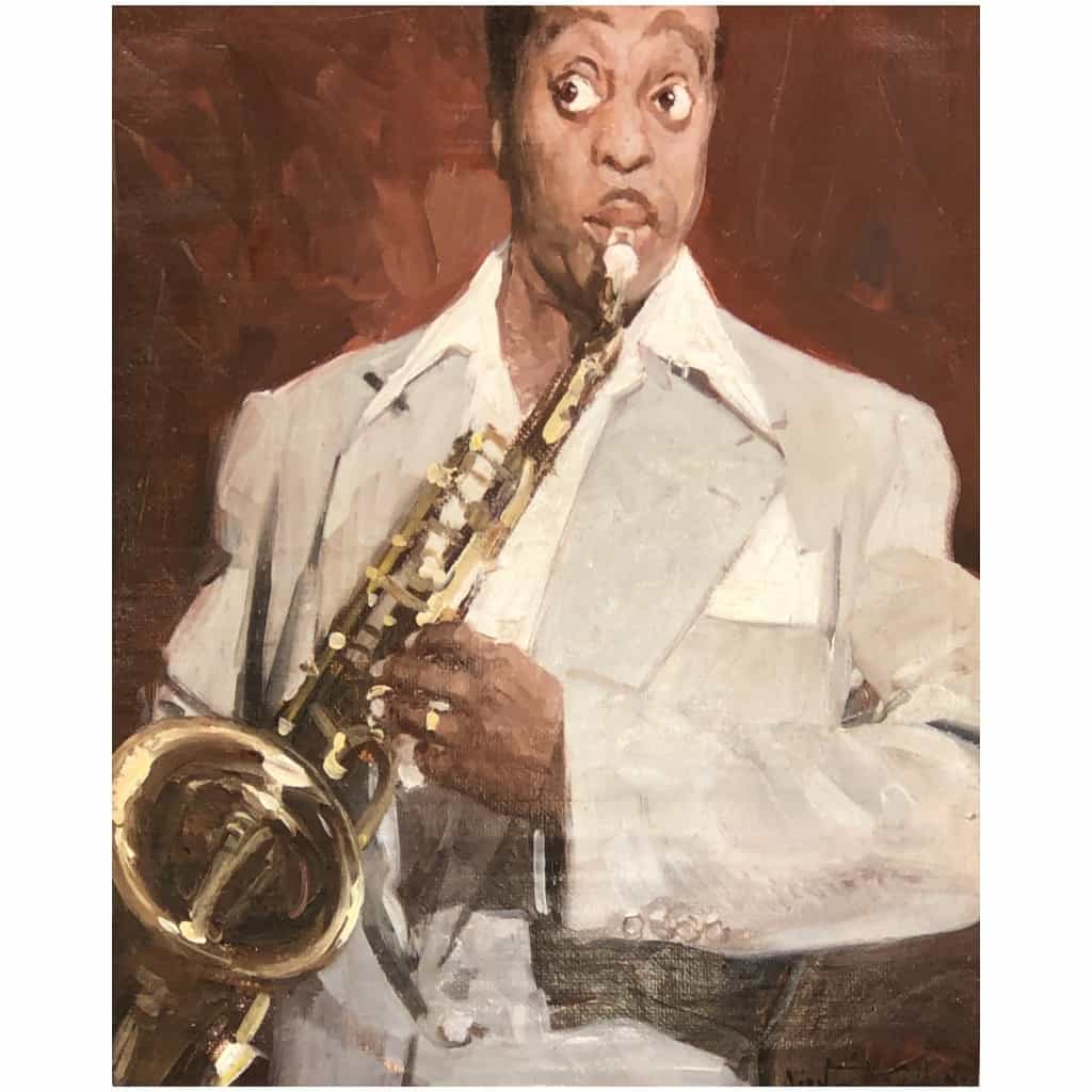 ZEYTLINE Léon Le saxophoniste de jazz Huile sur toile signée 5