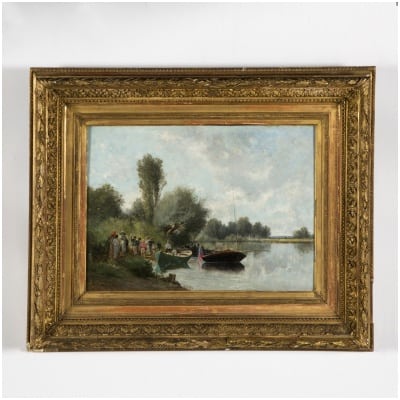 Charles Donzel (1824-1889), Embarquement près du lac, huile sur panneau, XIXe
