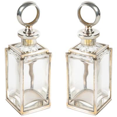 Lucien Falize: Pair of square section bottles in solid silver and crystal circa 1905