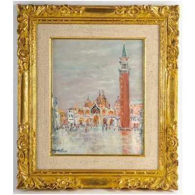 Serge Belloni "The painter of Paris" - Acqua Alta view of Saint Mark's Square in Venice oil on cardboard