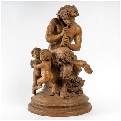 Terracotta after Clodion, Pan playing the flute and his Satyr children XIXth century