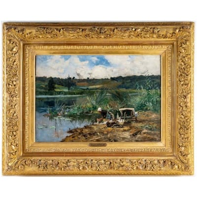 Edmond Yon, Washerwoman on the Edge of Loing, oil on canvas circa 1880-1890