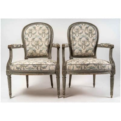Nicolas-Louis Mariette Maître en 1770 – Paire de fauteuils à dossiers en fer à cheval d’époque Louis XVI