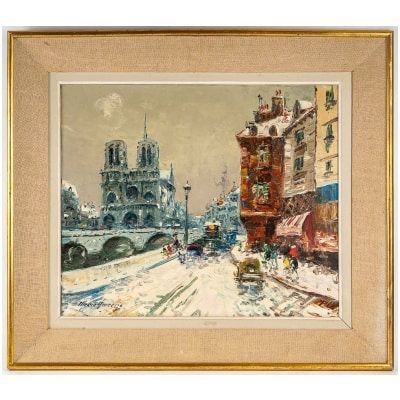 Mério Ameglio Notre Dame de Paris sous la neige huile sur toile vers 1950
