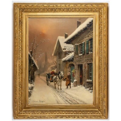 Théodore Levigne - Stop in the snow at the Sabotier Paret oil on canvas late XIXth century