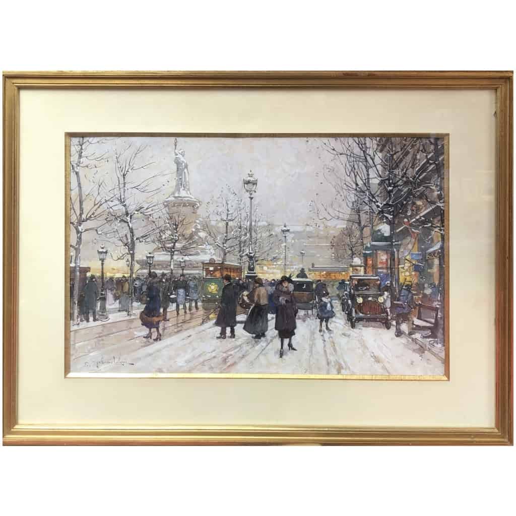 GALIEN LALOUE Tableau 20è Paris Animation Place de La République Gouache Signée 3