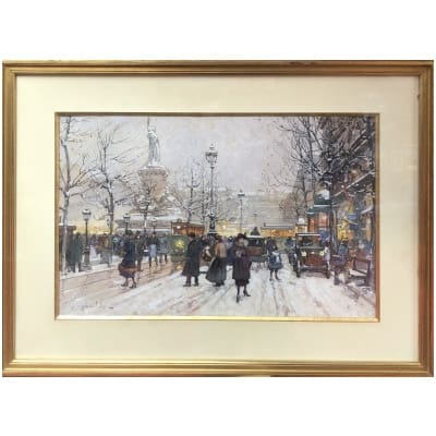 GALIEN LALOUE Painting 20th Paris Animation Place de la République Gouache Signed