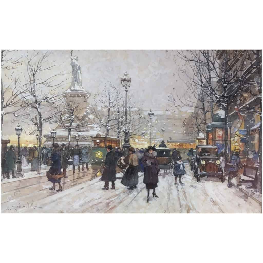 GALIEN LALOUE Tableau 20è Paris Animation Place de La République Gouache Signée 8