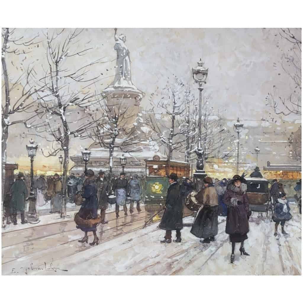 GALIEN LALOUE Tableau 20è Paris Animation Place de La République Gouache Signée 7