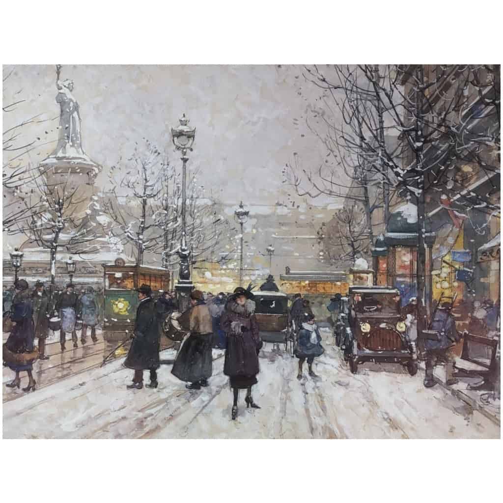 GALIEN LALOUE Tableau 20è Paris Animation Place de La République Gouache Signée 6
