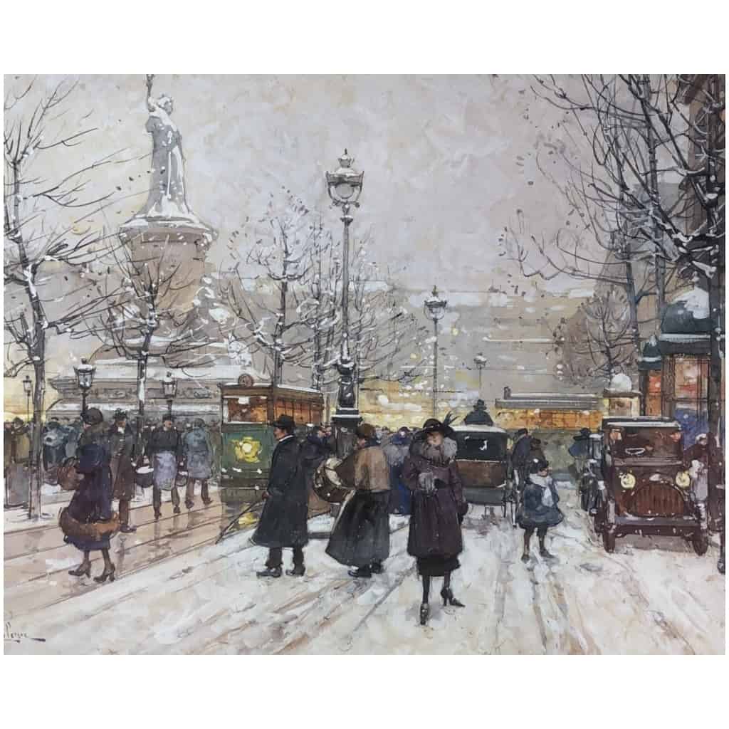 GALIEN LALOUE Tableau 20è Paris Animation Place de La République Gouache Signée 5