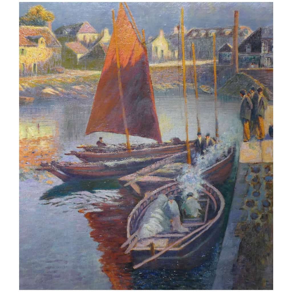 Max Bouvet Peinture Française Marine 20ème Siècle Petit Port Breton Huile Sur Panneau Signée 5