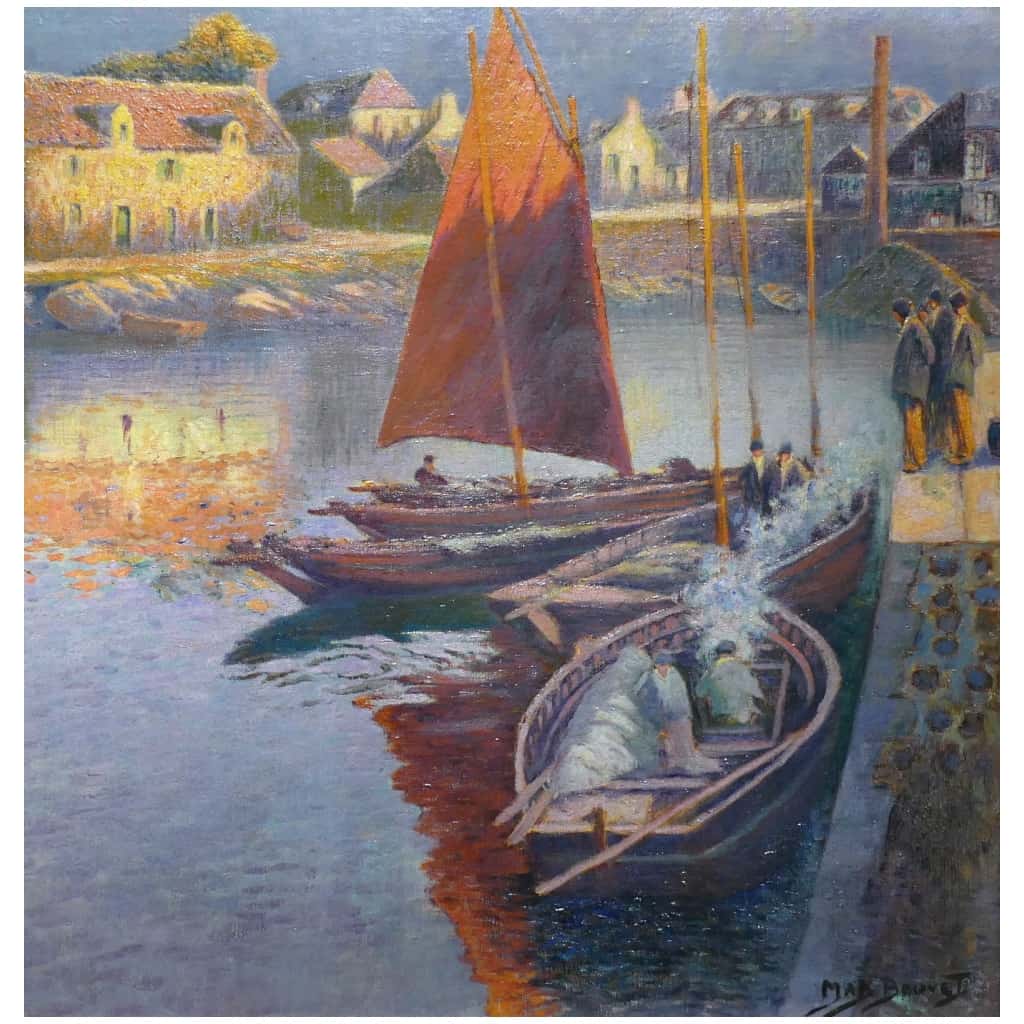 Max Bouvet Peinture Française Marine 20ème Siècle Petit Port Breton Huile Sur Panneau Signée 11