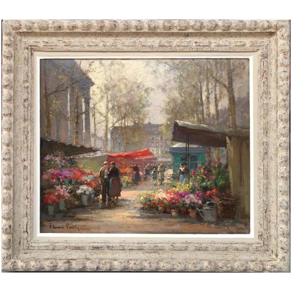 CORTES Edouard French painting The flower market of La Madeleine Oil on panel signed 10