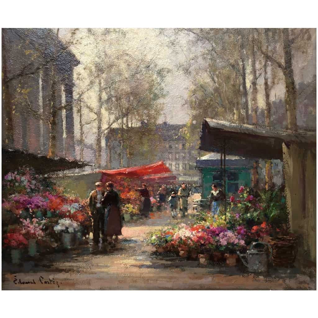CORTES Edouard French painting The flower market of La Madeleine Oil on panel signed 6