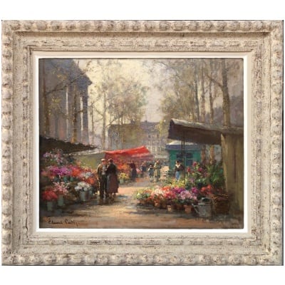 CORTES Edouard French Painting The flower market of La Madeleine Oil on panel signed