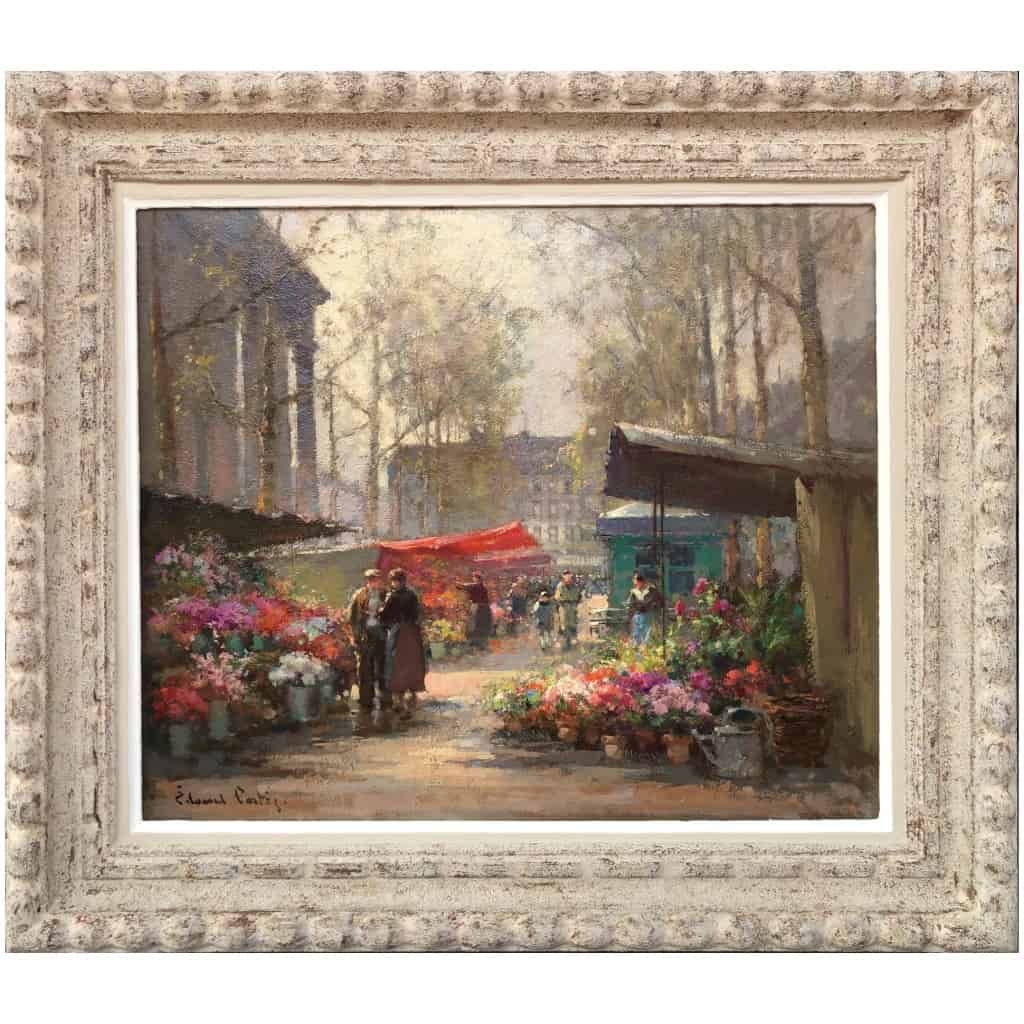 CORTES Edouard Peinture Française Le marché aux fleurs de La Madeleine Huile sur panneau signée 12