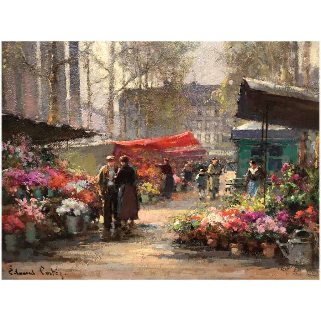 CORTES Edouard Peinture Française Le marché aux fleurs de La Madeleine Huile sur panneau signée 13