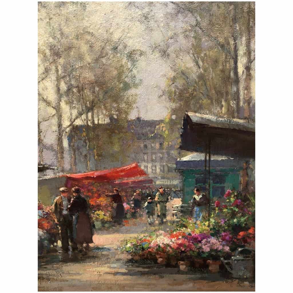 CORTES Edouard Peinture Française Le marché aux fleurs de La Madeleine Huile sur panneau signée 14