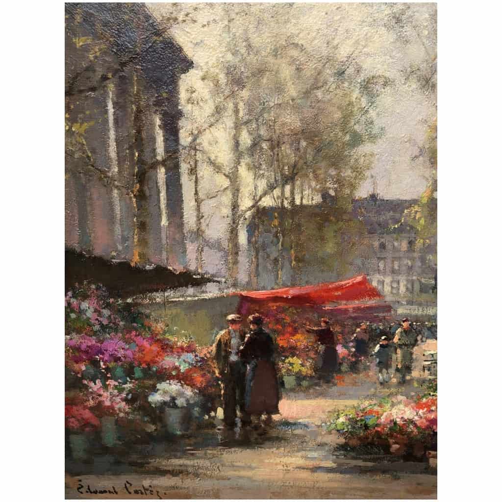 CORTES Edouard Peinture Française Le marché aux fleurs de La Madeleine Huile sur panneau signée 15
