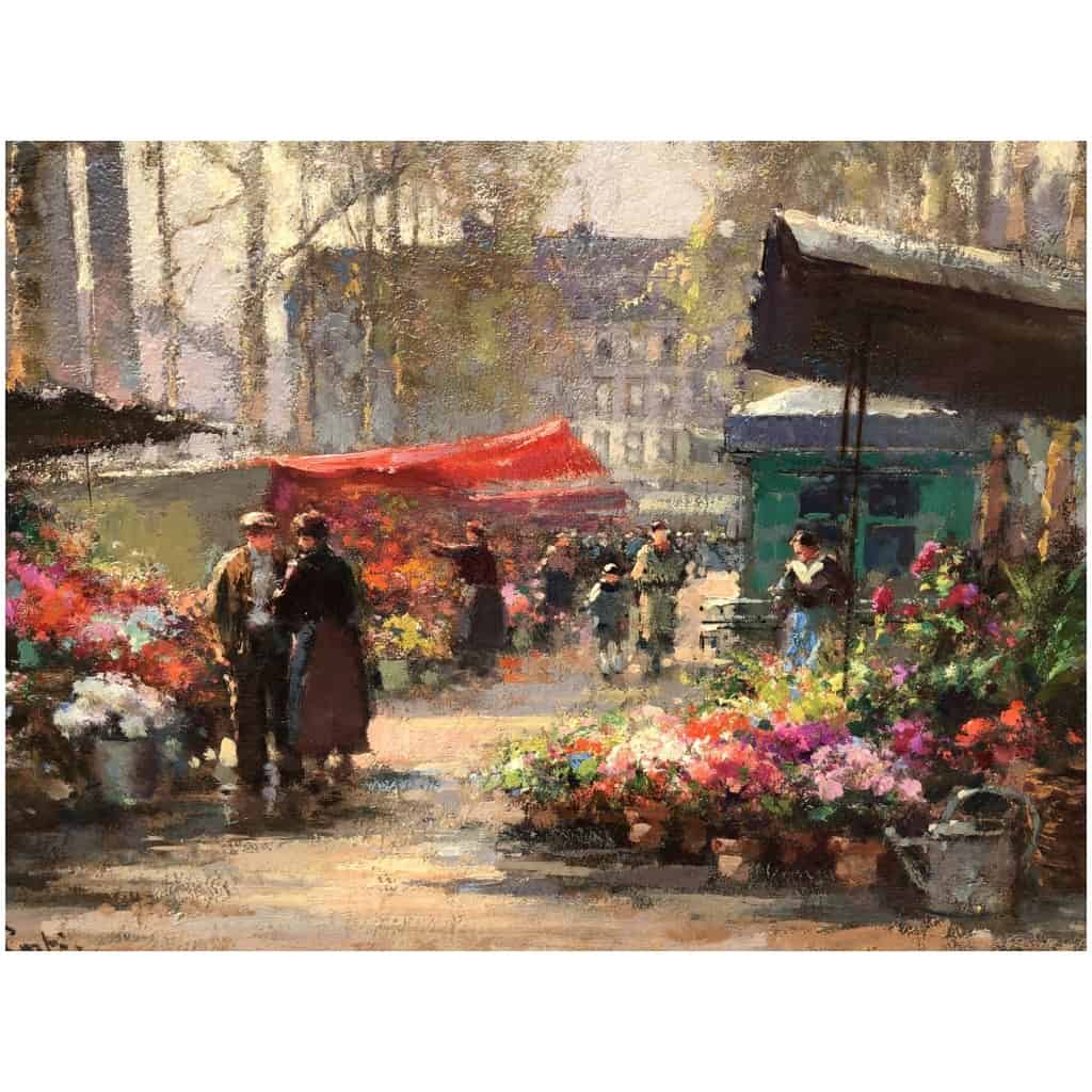 CORTES Edouard Peinture Française Le marché aux fleurs de La Madeleine Huile sur panneau signée 9