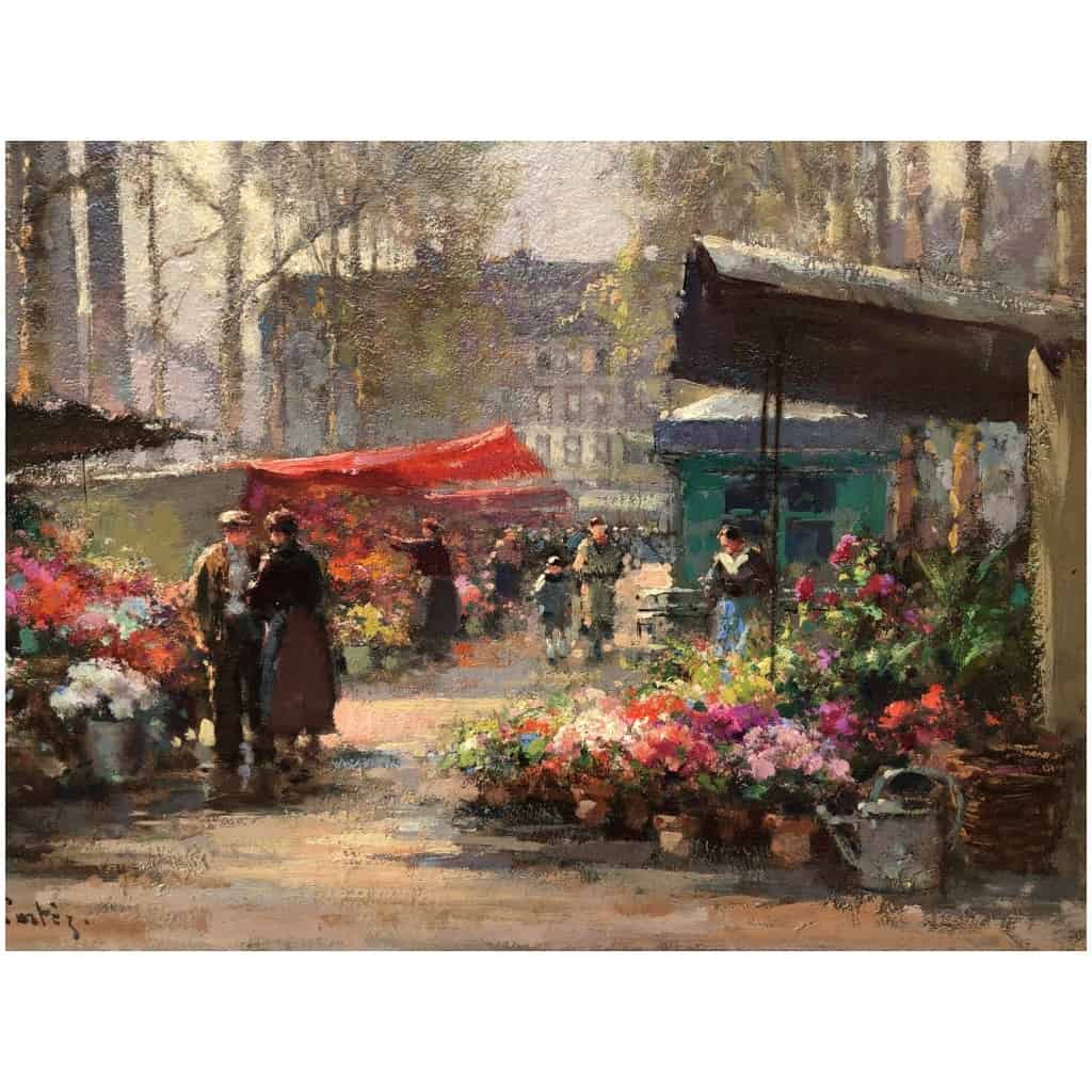 CORTES Edouard Peinture Française Le marché aux fleurs de La Madeleine Huile sur panneau signée 8