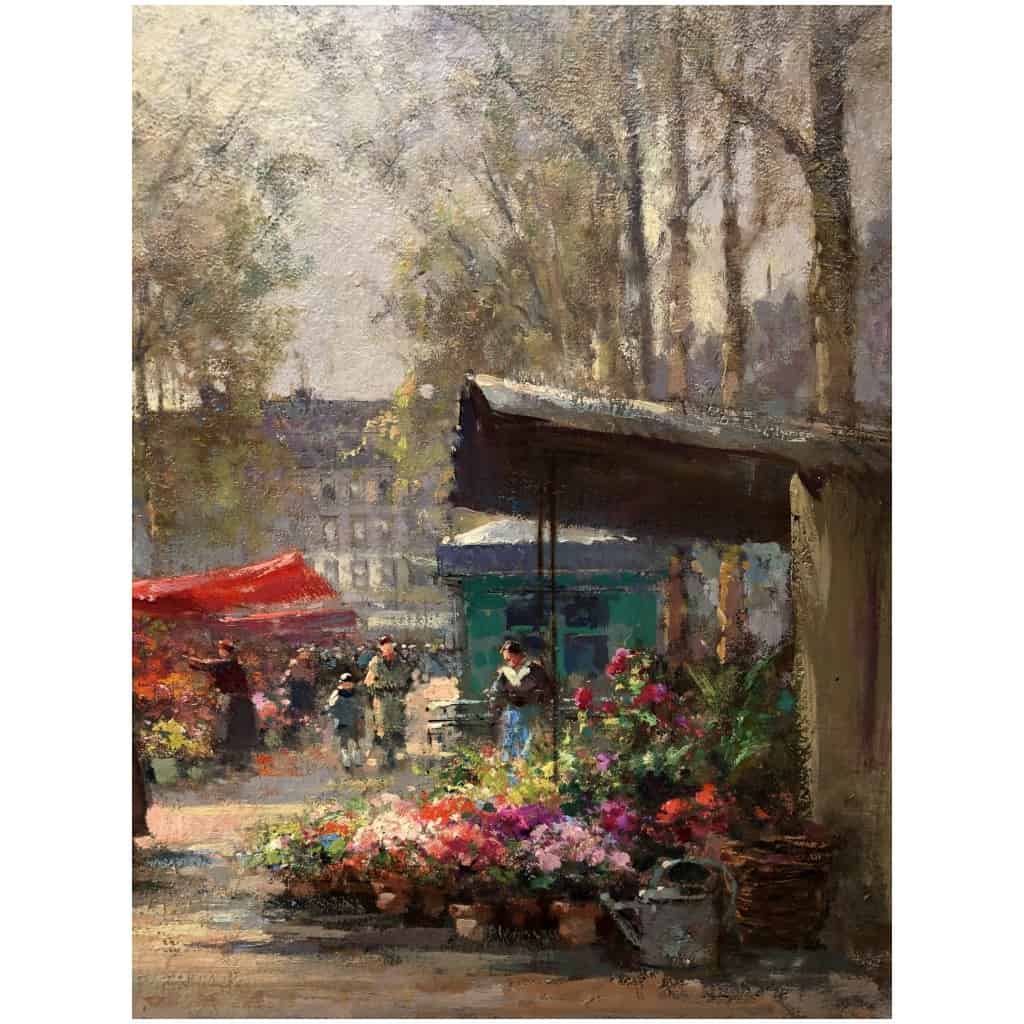 CORTES Edouard French painting The flower market of La Madeleine Oil on panel signed 7