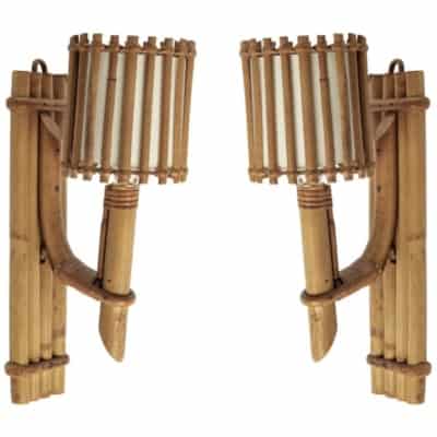 1950 Pair of Louis Sognot Rattan Sconces