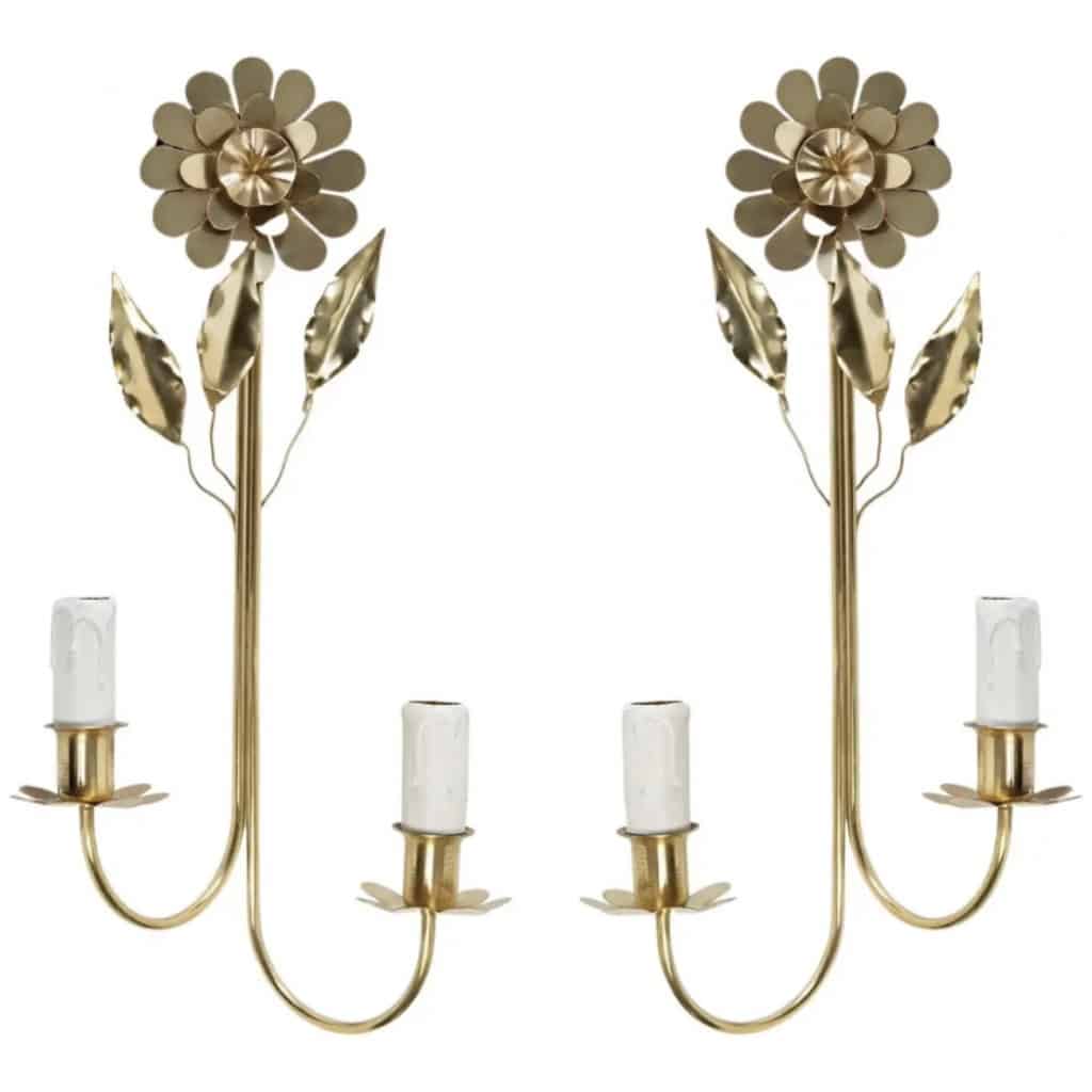 1960 Pair of Golden Brass Sconces Maison Honoré 3