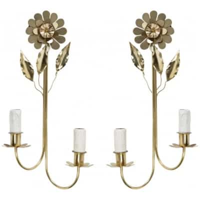 1960 Pair of Golden Brass Sconces Maison Honoré