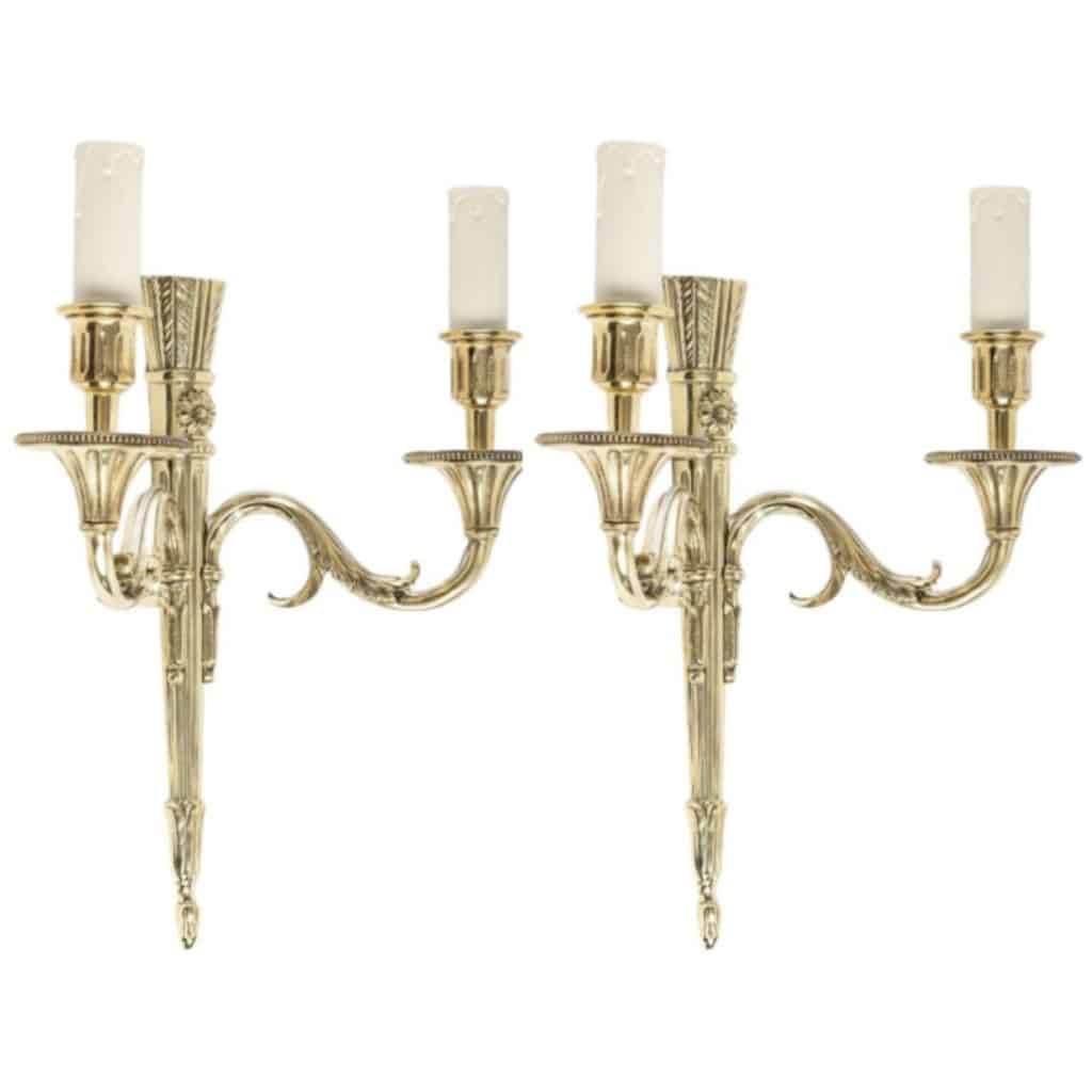 1950 Pair of Neoclassical Bronze Sconces from Maison Lucien Gau 3
