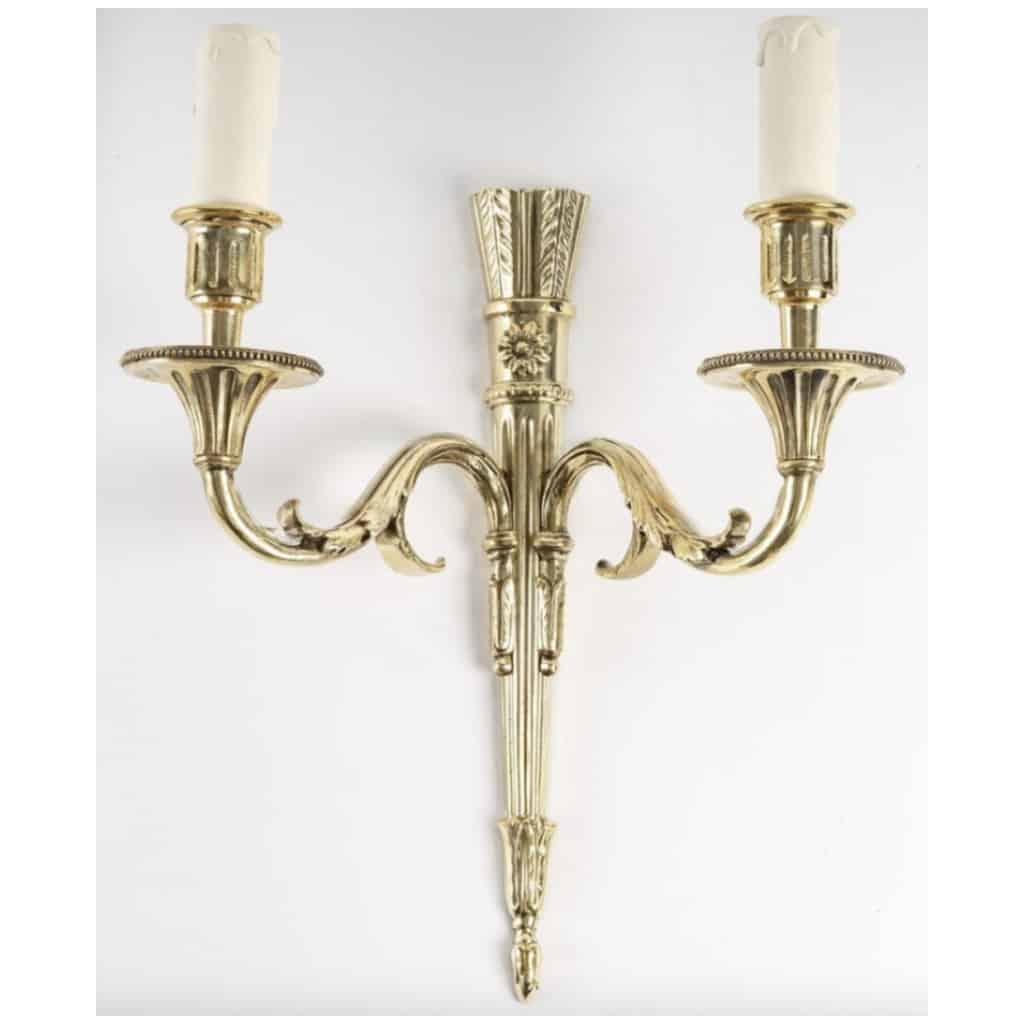 1950 Pair of Neoclassical Bronze Sconces from Maison Lucien Gau 4